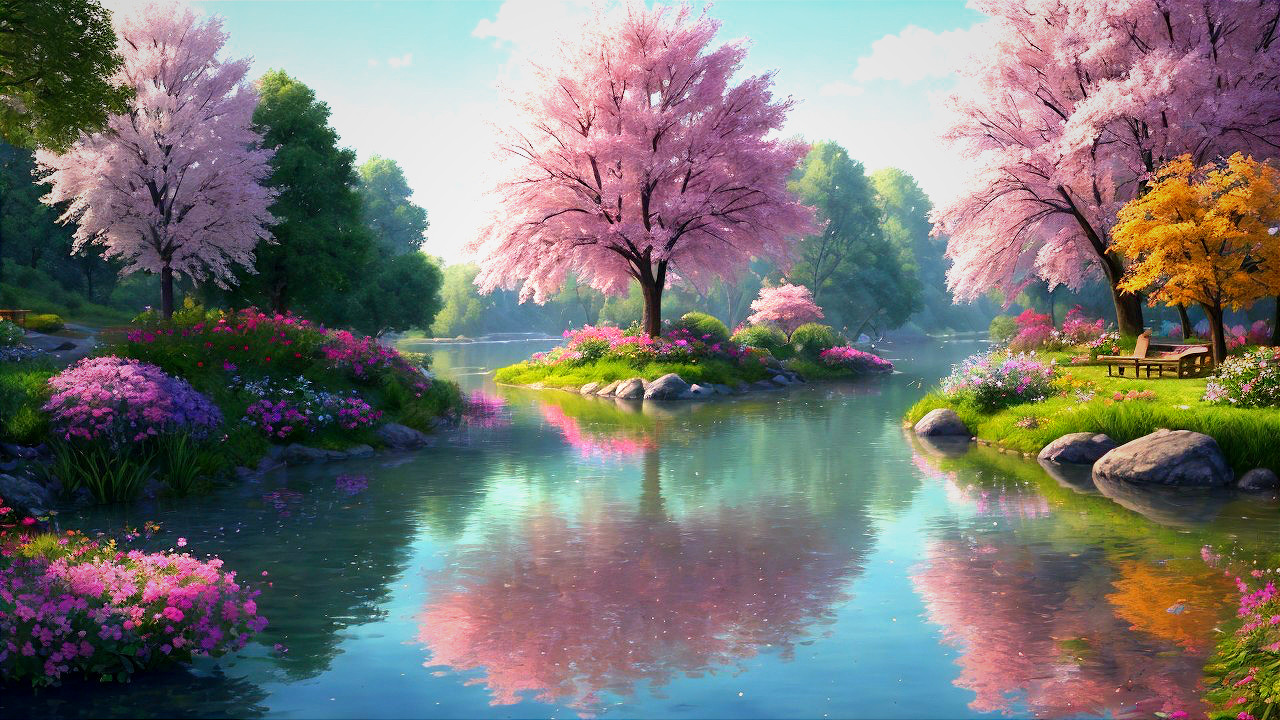 Serene Lake Surrounded by Cherry Blossoms and Greenery