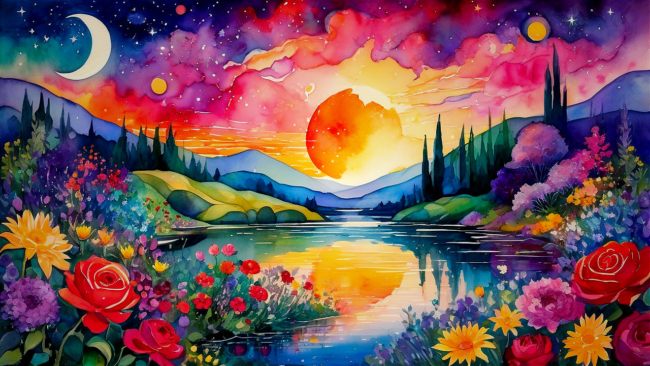 Vibrant Watercolor Landscape with Sunset and Lake