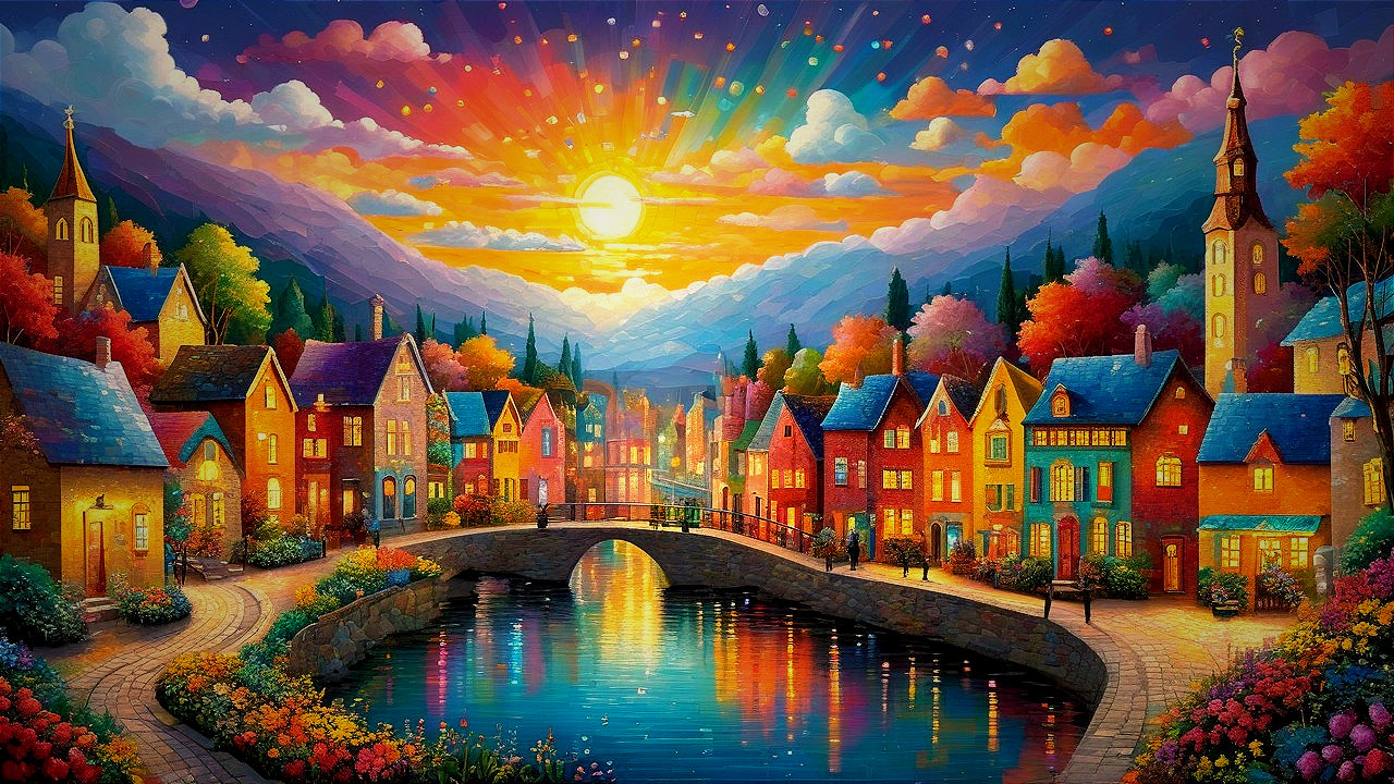 Vibrant Sunset Over Picturesque Village and River