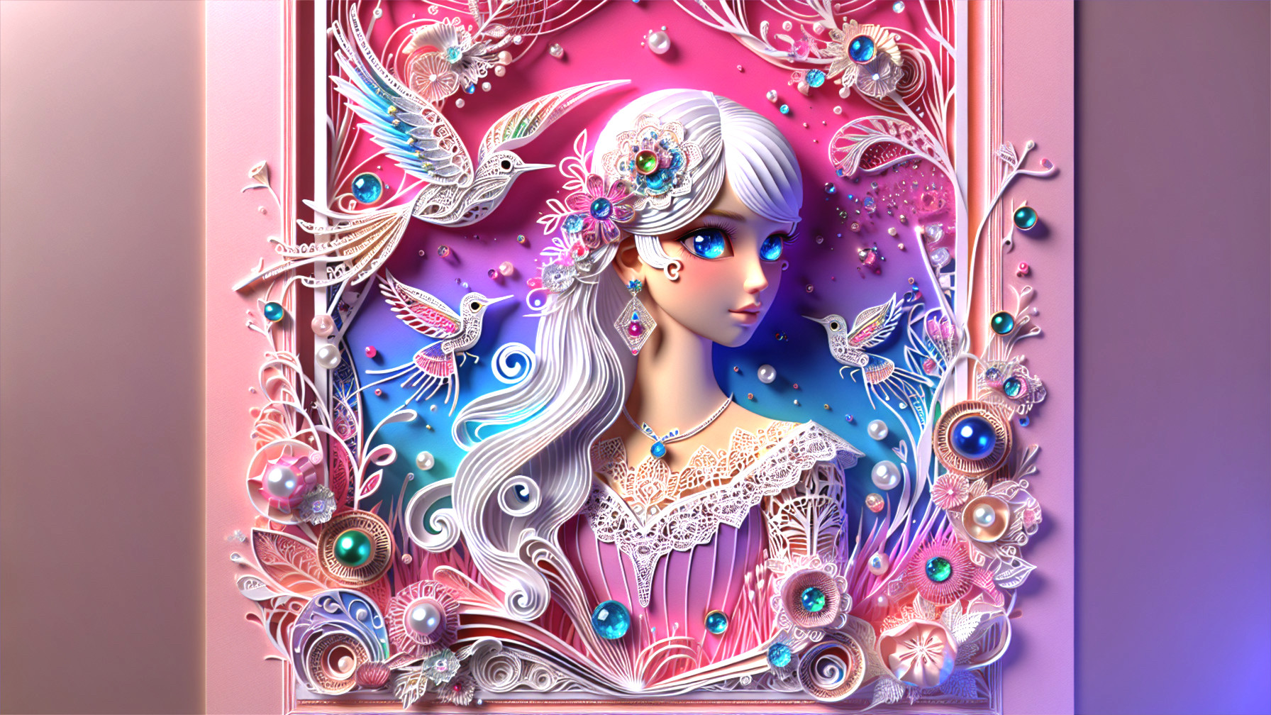 3D Portrait of Woman with White Hair and Floral Accents