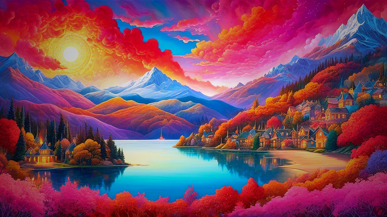 Vibrant landscape with mountains, lake, and village