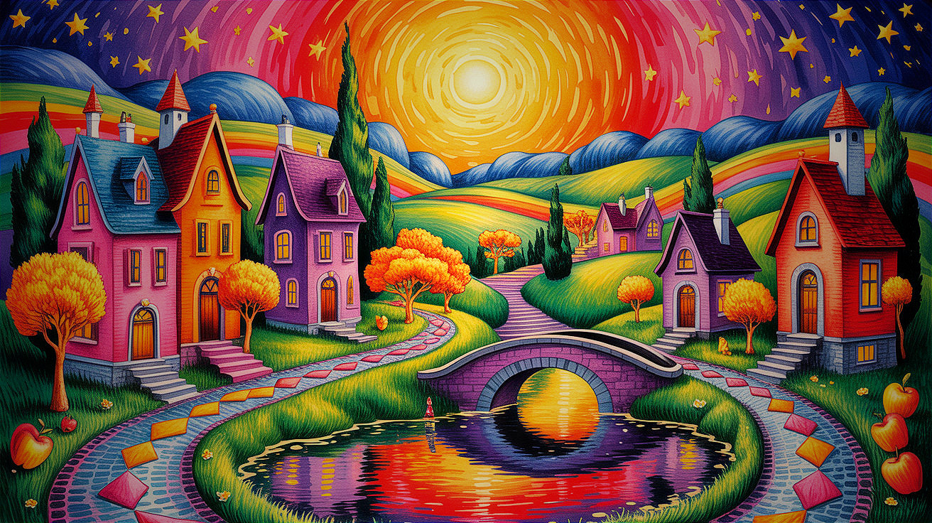 Whimsical Landscape with Colorful Houses and Gardens