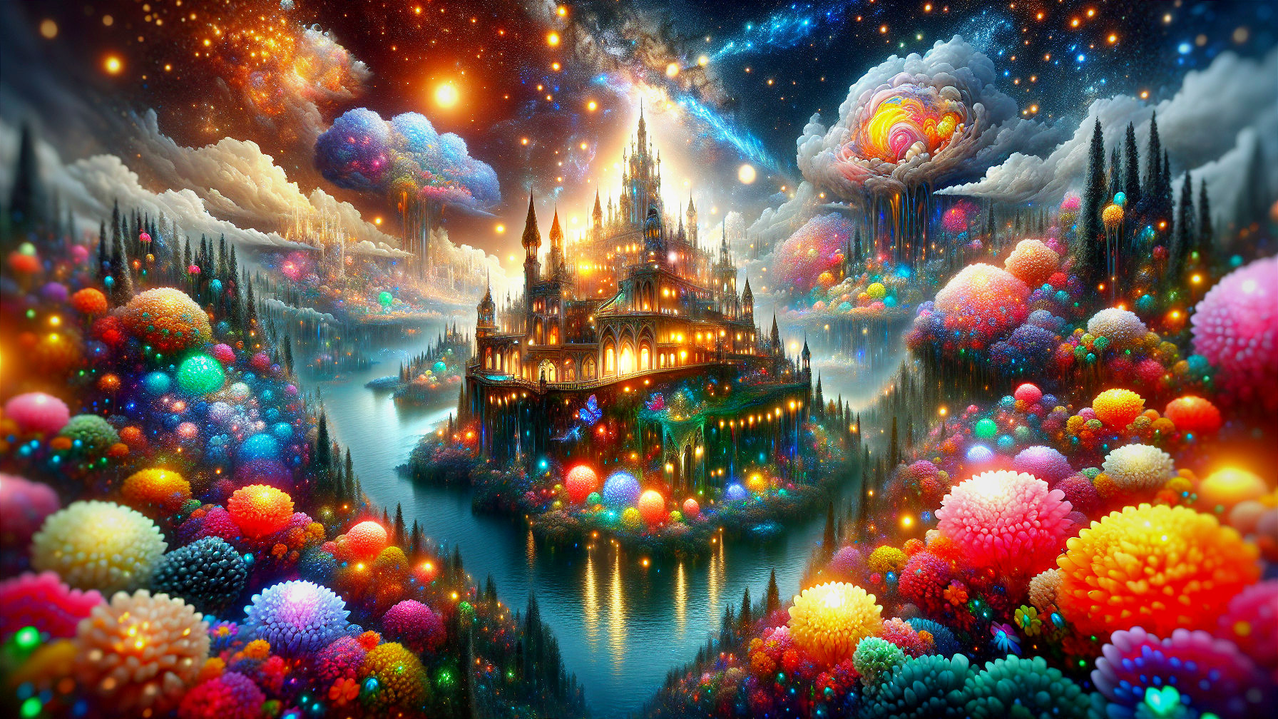 Fantastical castle with glowing lights in vibrant landscape