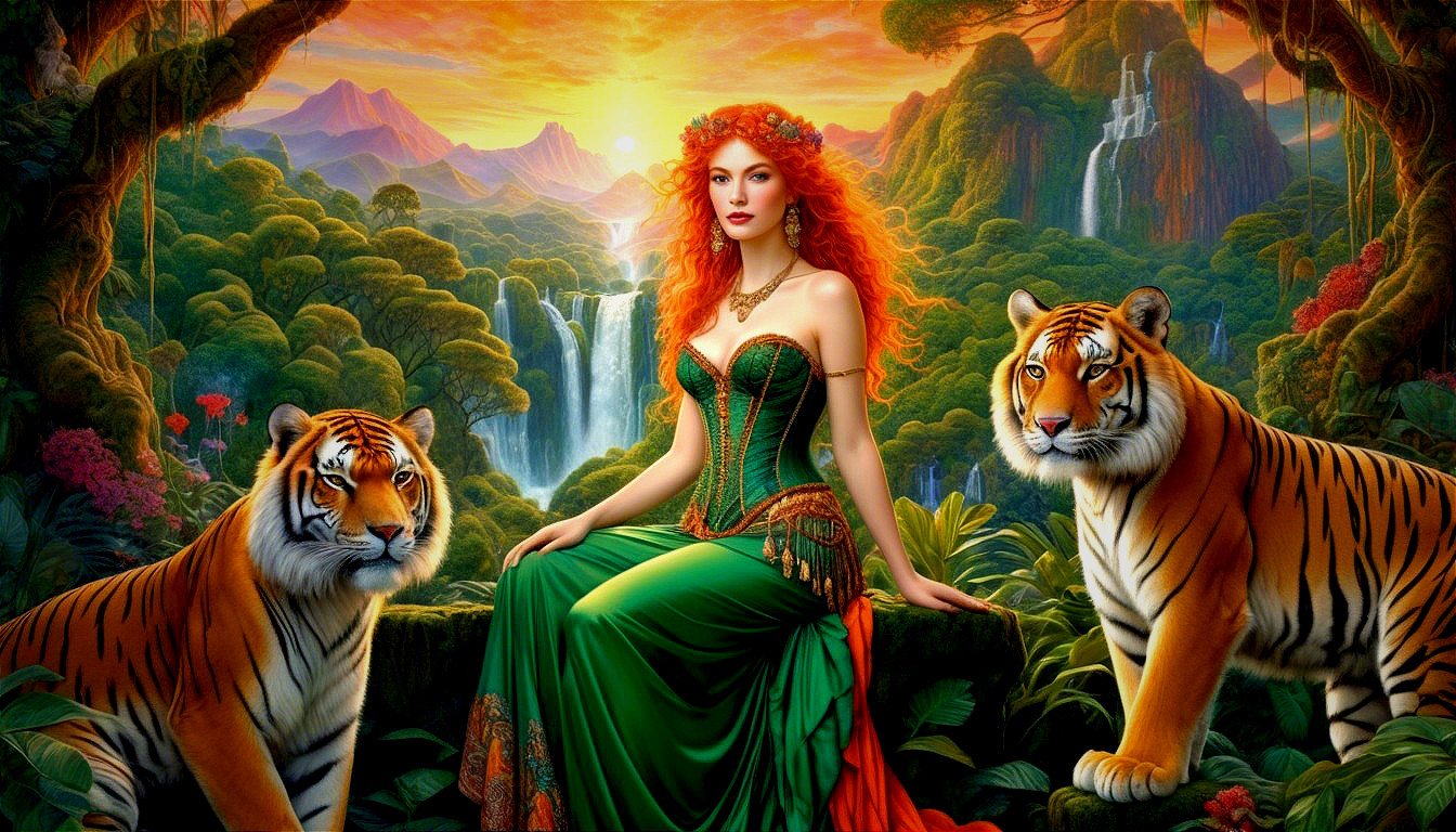 Woman in Green Gown Surrounded by Tigers at Sunset
