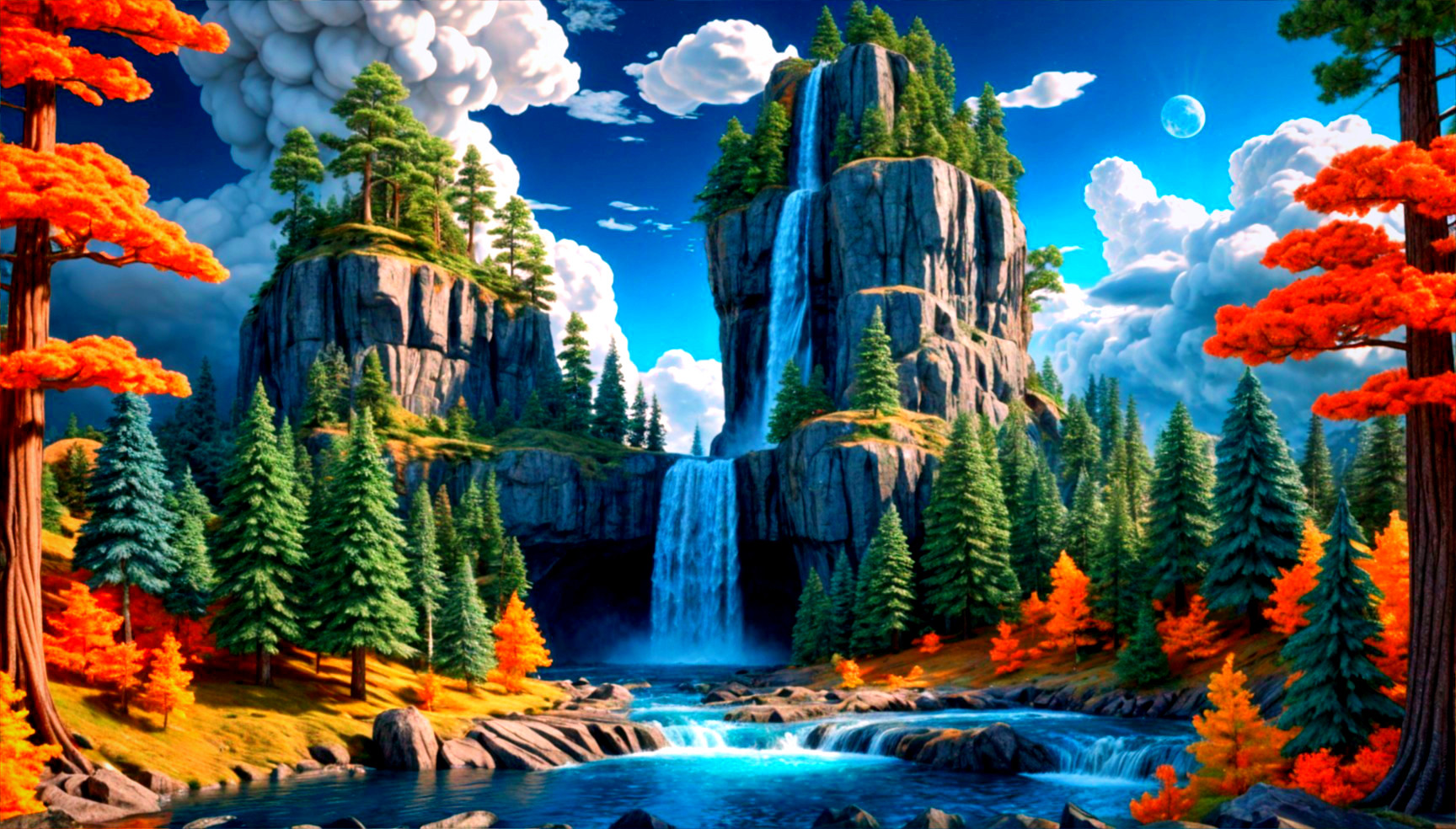 Vibrant Landscape with Waterfalls and Rock Formations