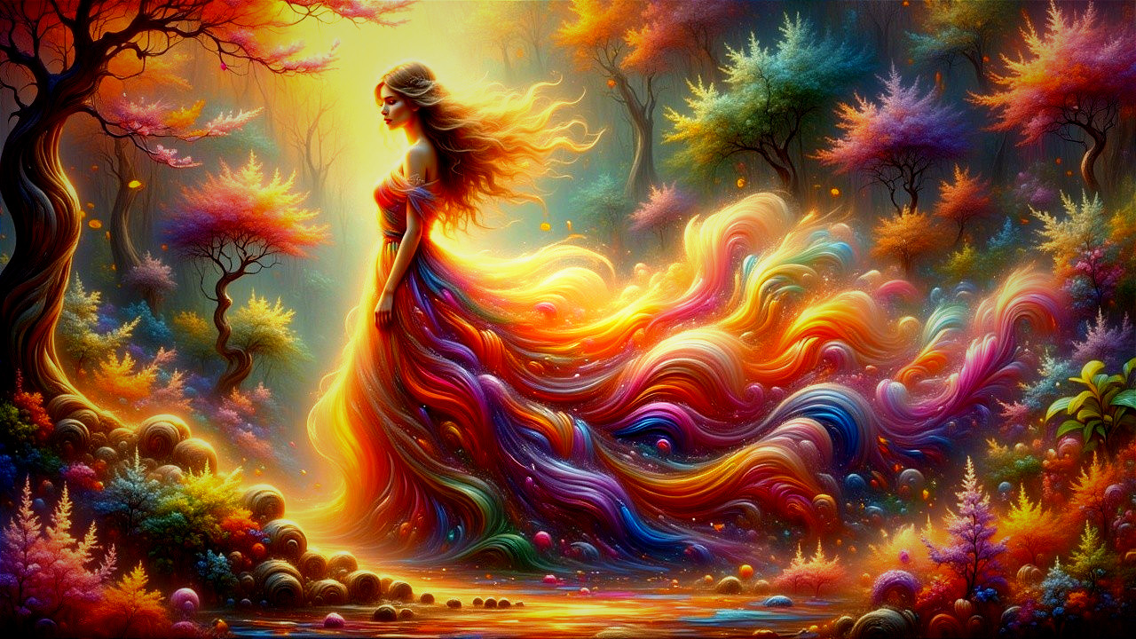 Ethereal Scene of a Woman in Colorful Gown