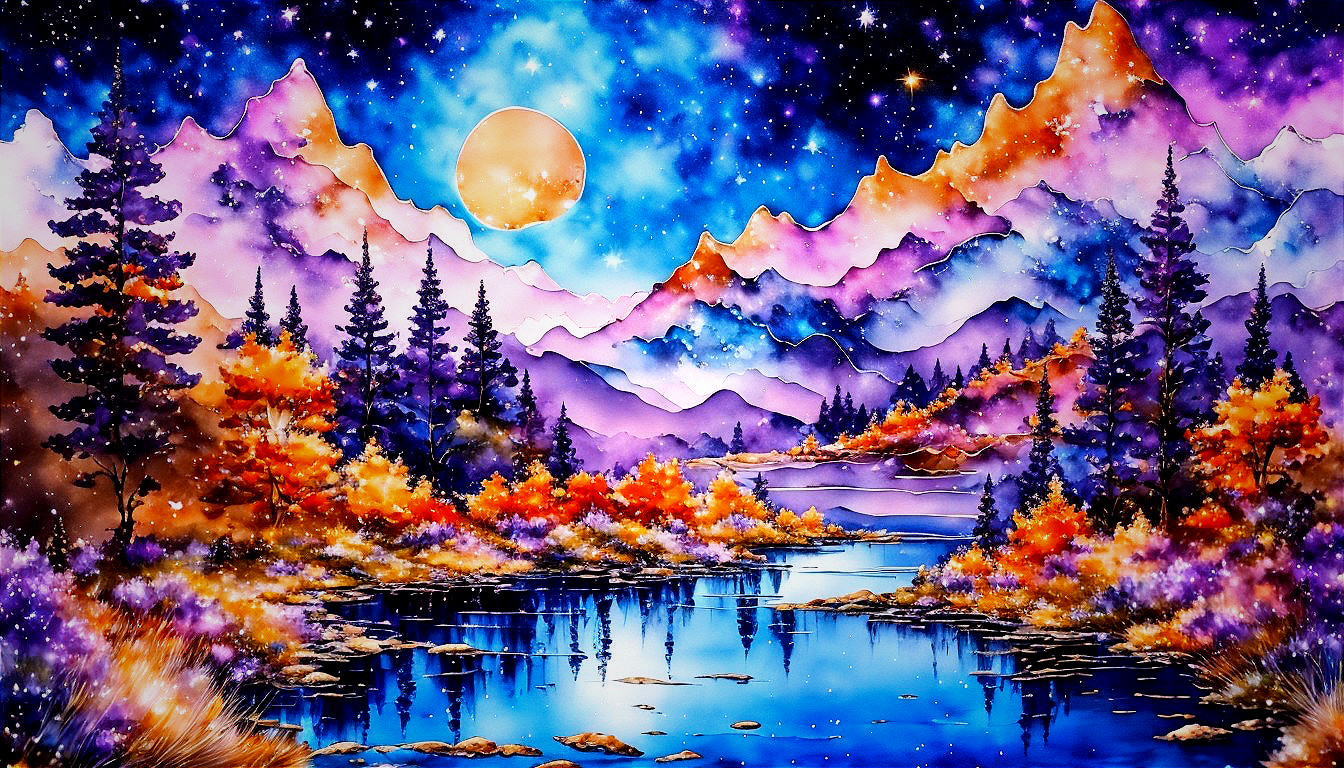 Vibrant Landscape with Lake and Colorful Mountains