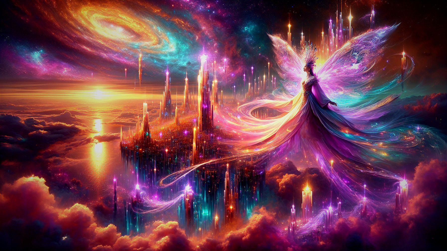 Majestic Fairy Over Ethereal City at Sunset