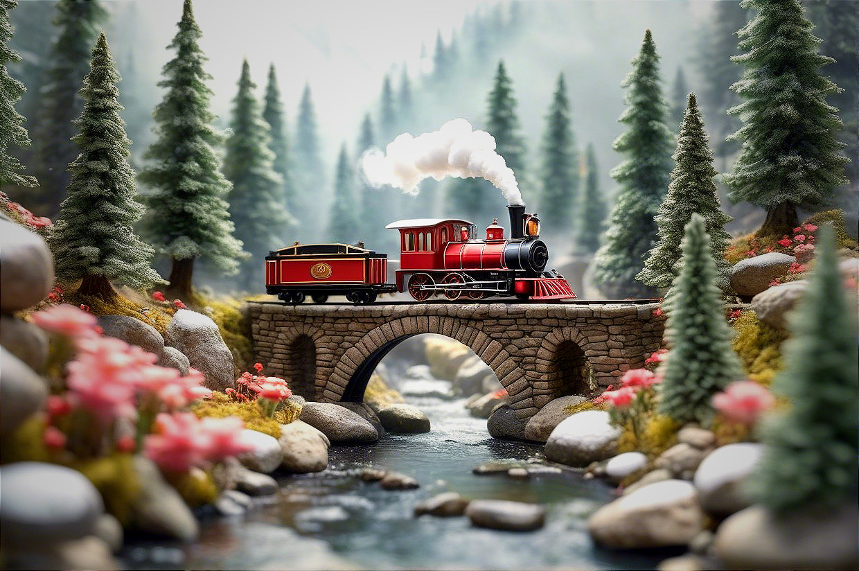 Red Steam Locomotive on Stone Bridge in Scenic Landscape