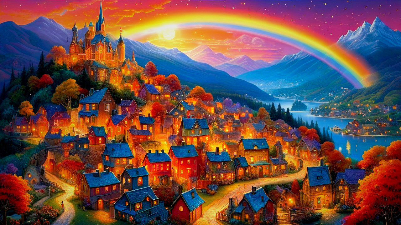 Fairy-tale landscape with castle, village, and rainbow