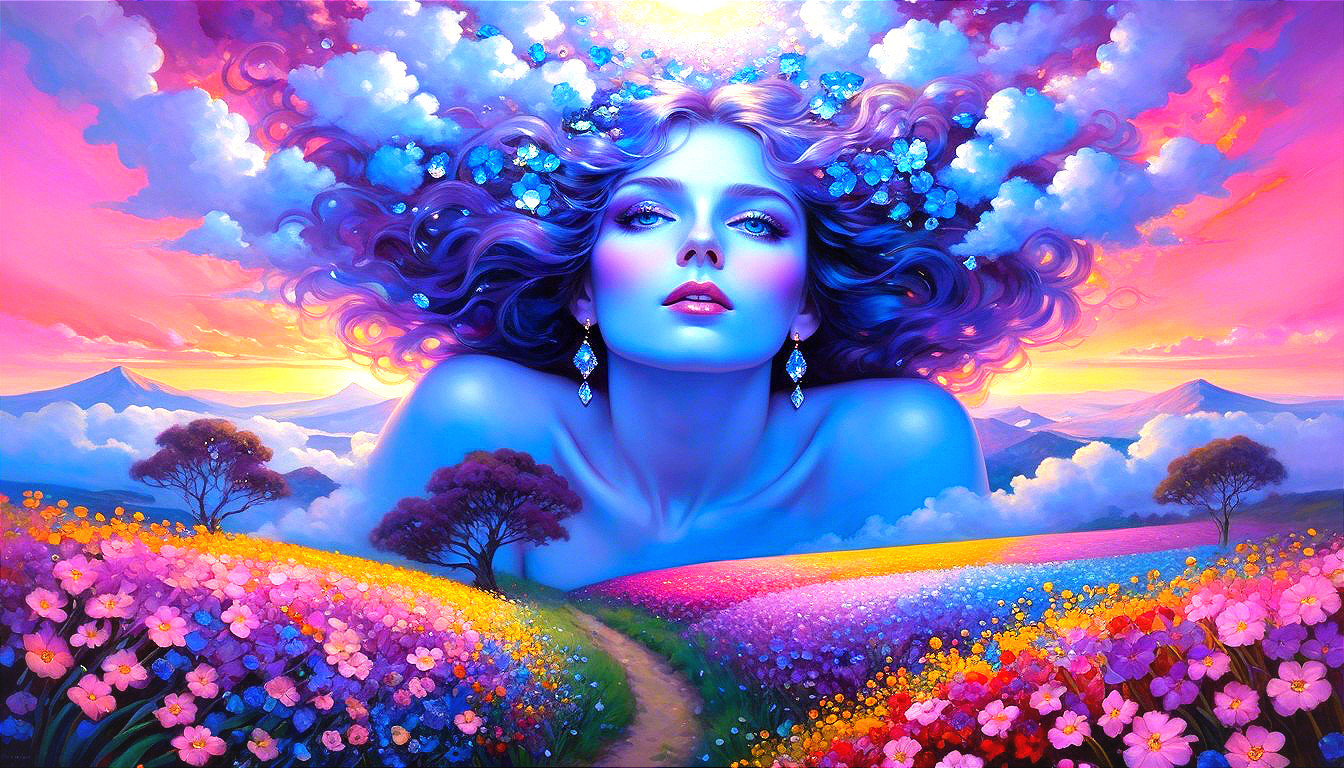 Surreal Painting of a Woman with Blue Hair and Flowers