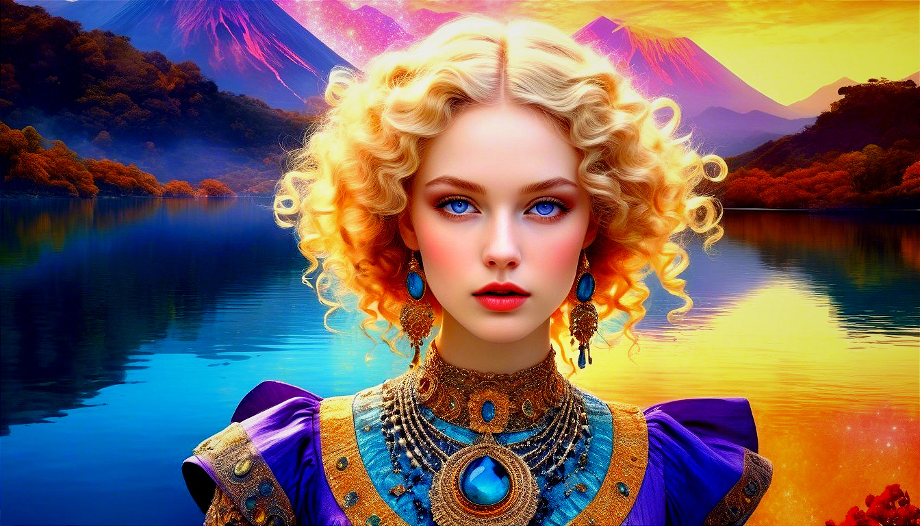 Young woman with curly blonde hair in colorful outfit