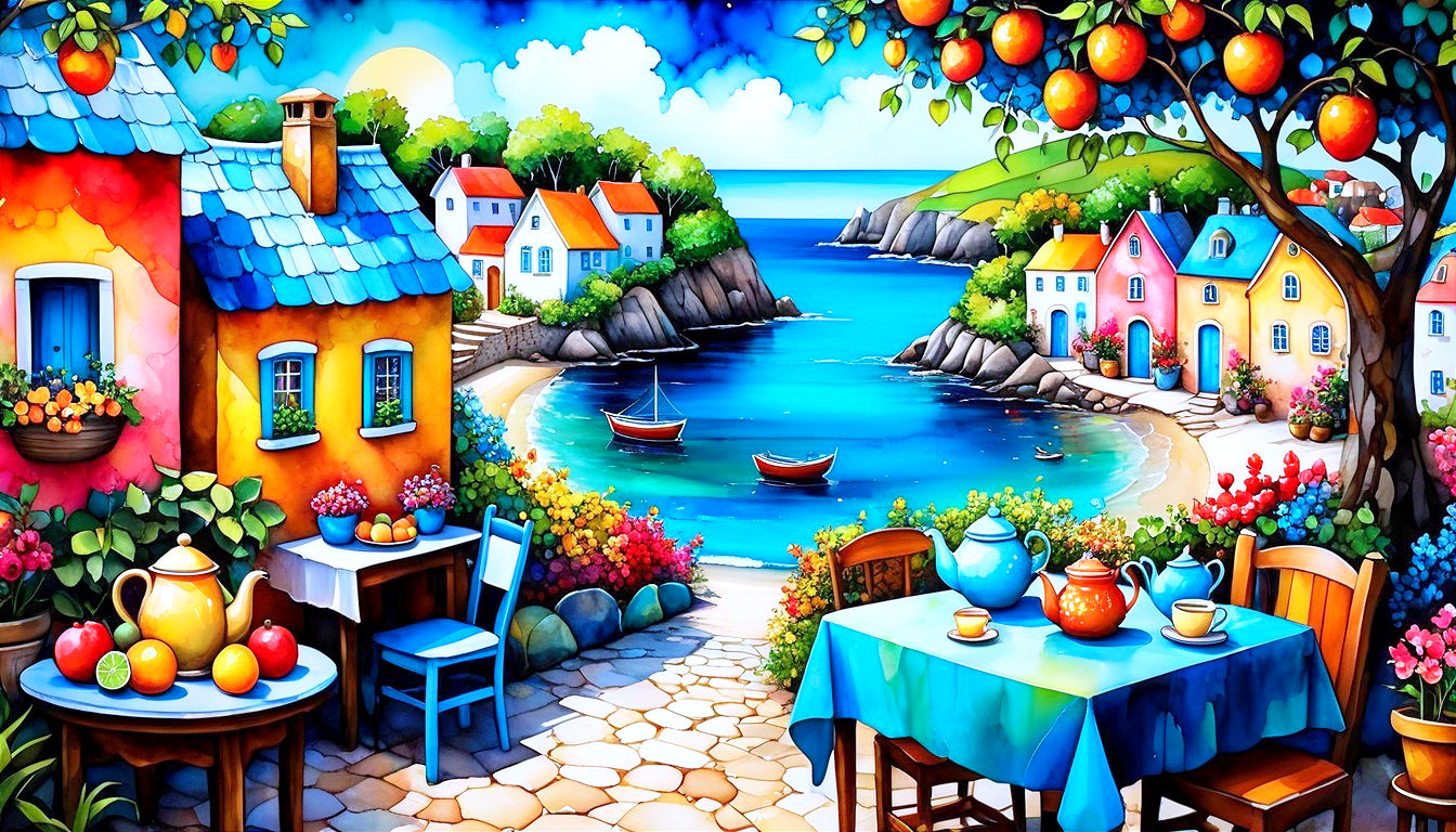 Seaside Scene with Colorful Houses and Tranquil Bay