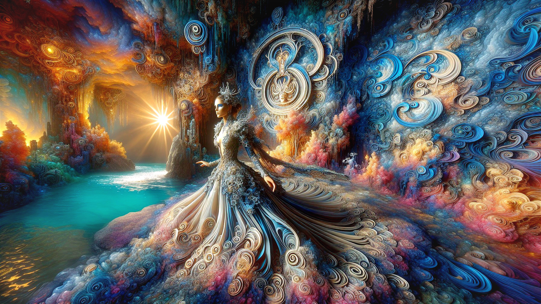Woman in gown inspired by clouds and ocean waves