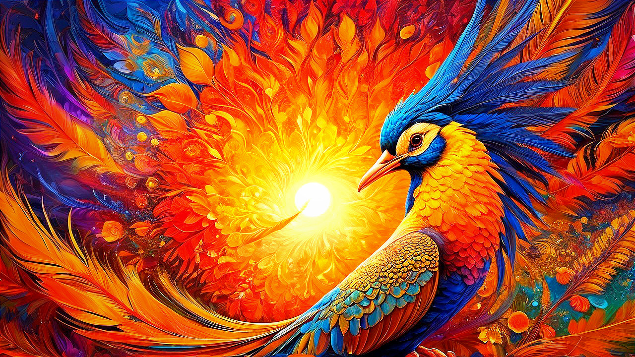 Colorful Phoenix with Fiery Background and Sun Glow