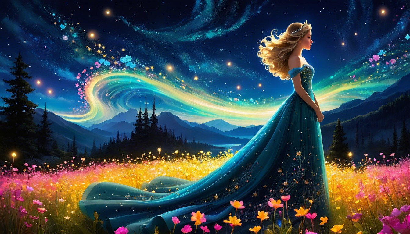 Serene Figure in Vibrant Flower Meadow at Night