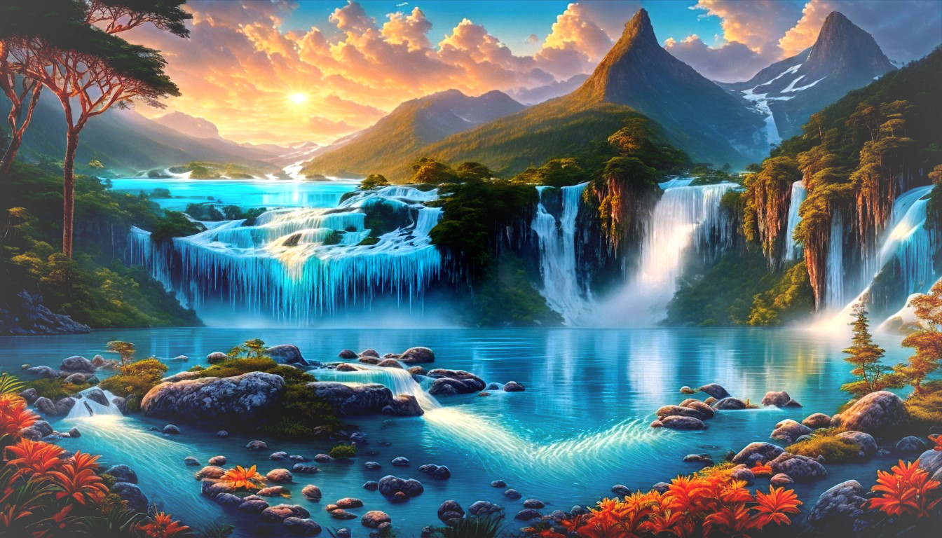 Cascading Waterfalls and Serene Lake Landscape