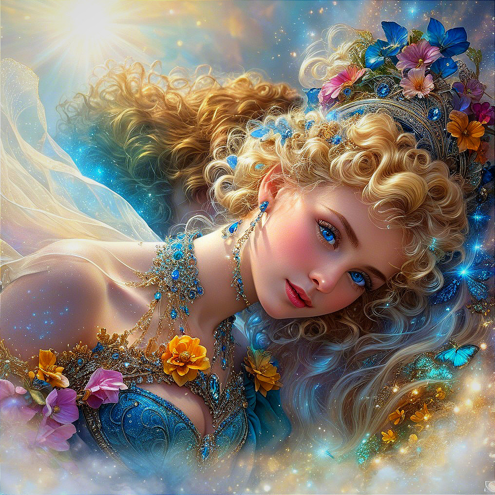 Young woman in blue gown with flowers and butterflies