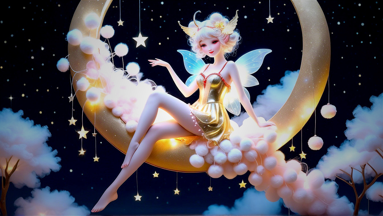 Whimsical Fairy on Crescent Moon in Dreamy Night Sky