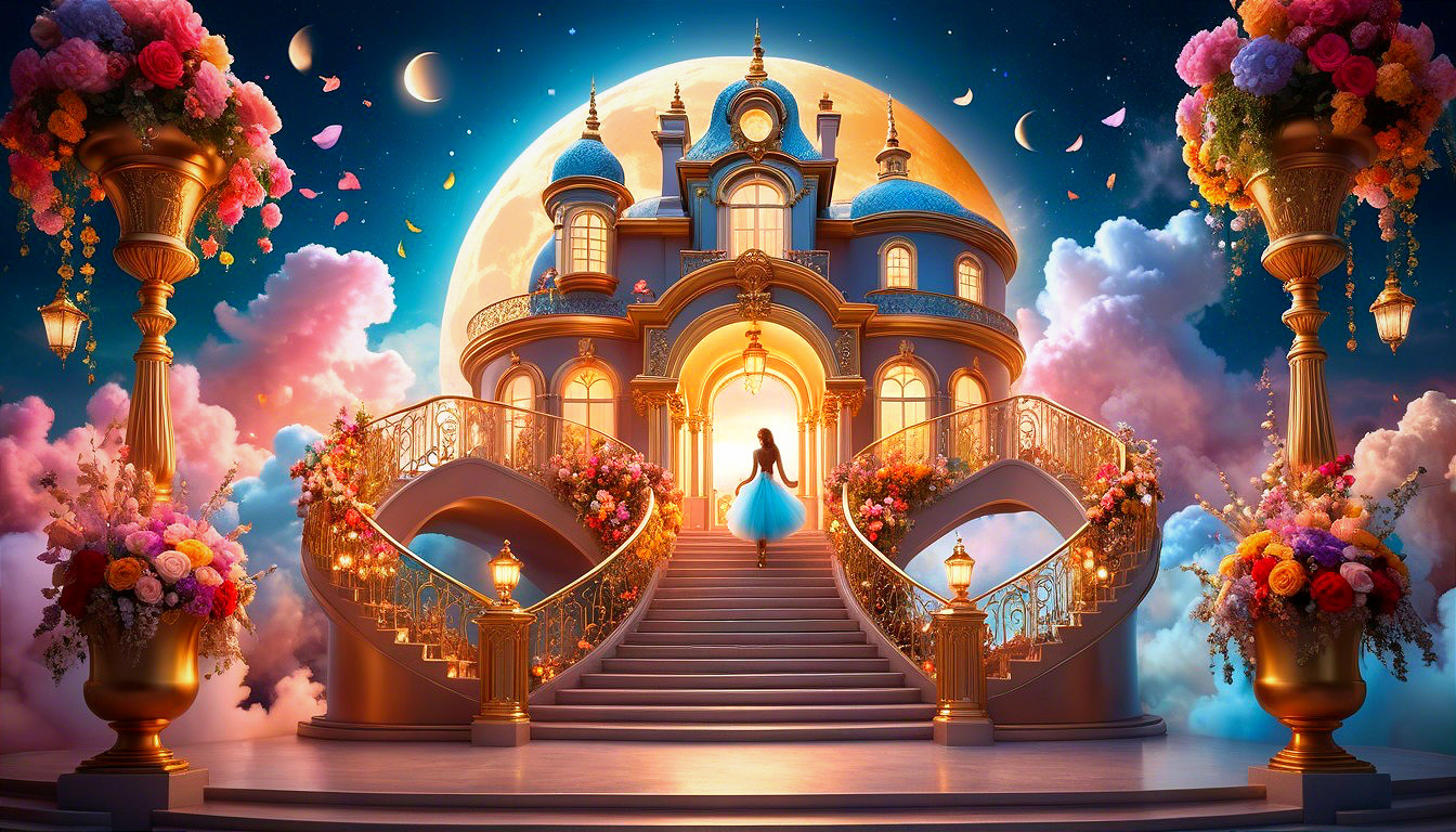 Fantastical mansion with moonlit backdrop and flowers