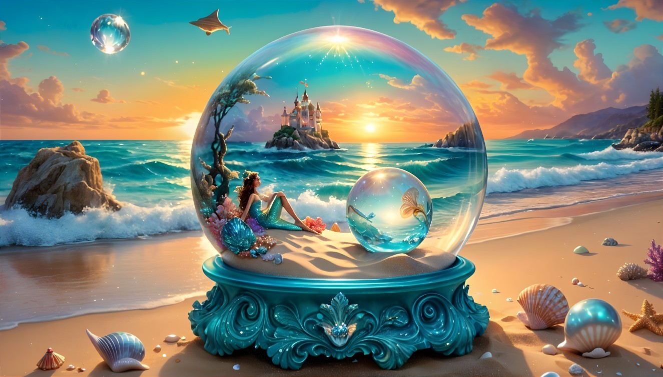 Seaside Scene with Mermaid in Crystal Globe