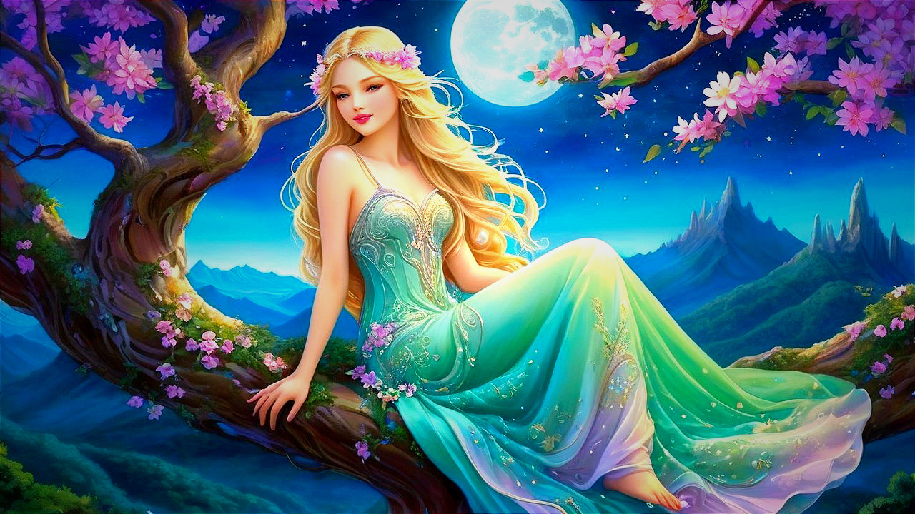 Fairy Princess on Tree Branch in Enchanted Landscape