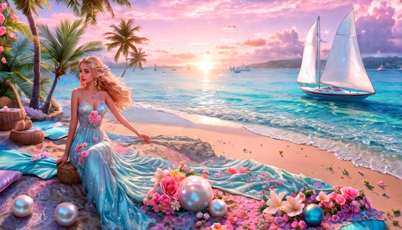 Serene Beach Scene at Sunset with Iridescent Gown