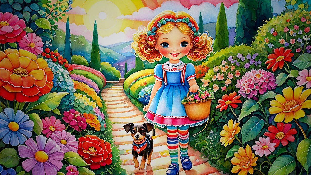 Young girl in blue dress walks in colorful garden