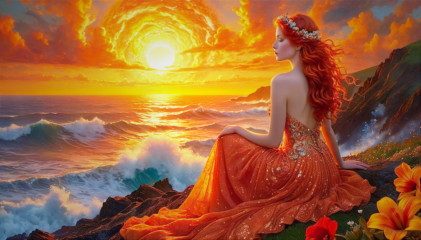 Sunset Ocean Scene with Floral Crown and Orange Gown
