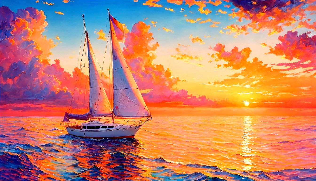 Vibrant Sunset Over Calm Ocean with Sailboat