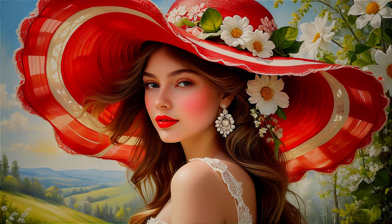 Young woman in red sunhat against scenic landscape