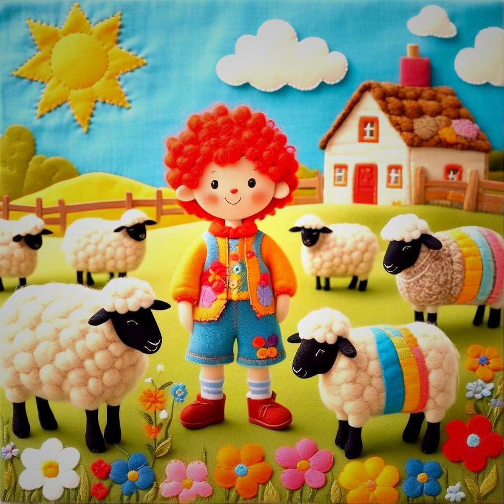 Cartoon Figure in Colorful Countryside with Sheep