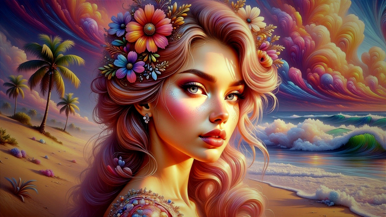 Portrait of a Young Woman at a Vibrant Beach Sunset