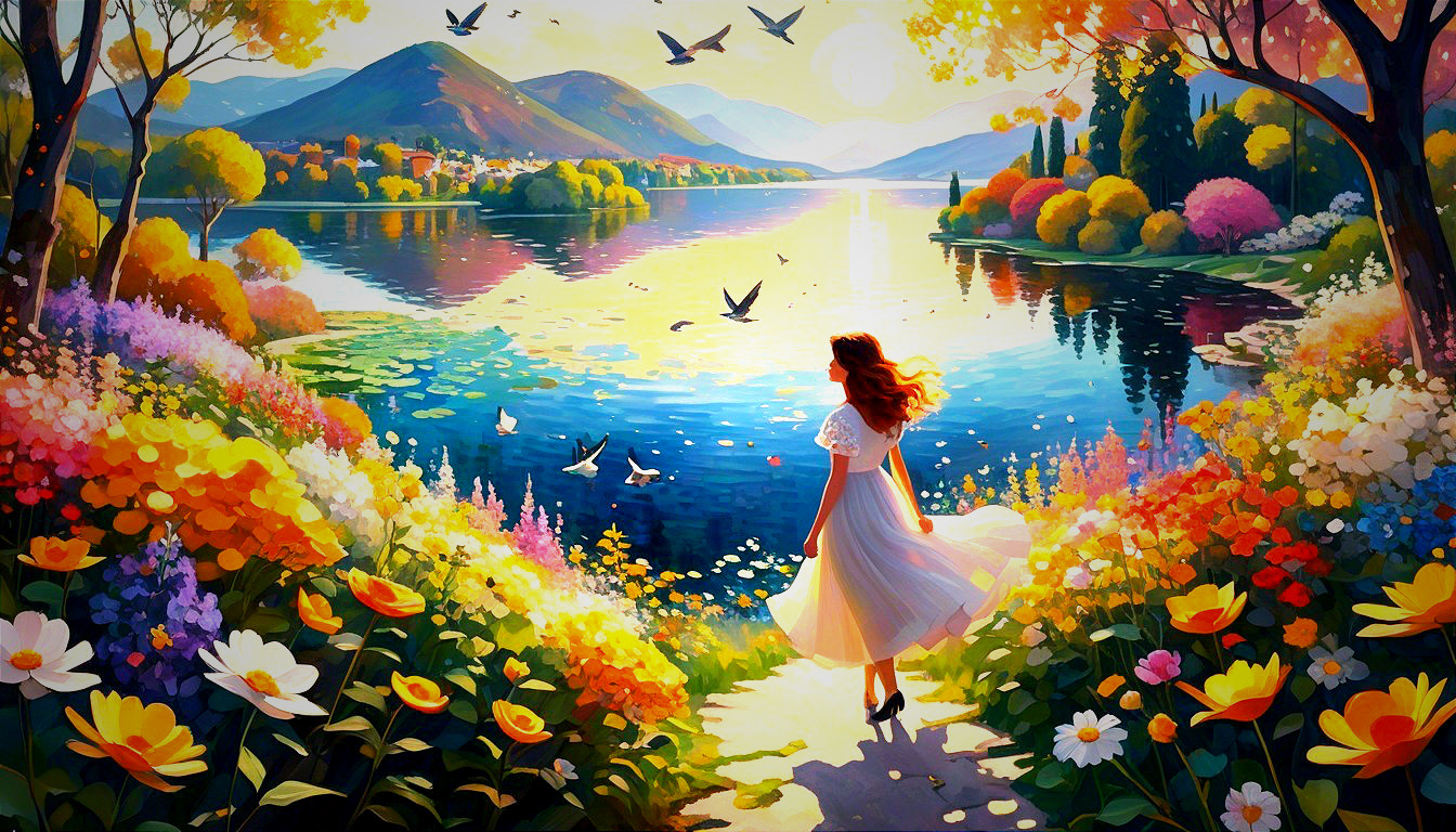 Serene Landscape with Vibrant Lake and Wildflowers