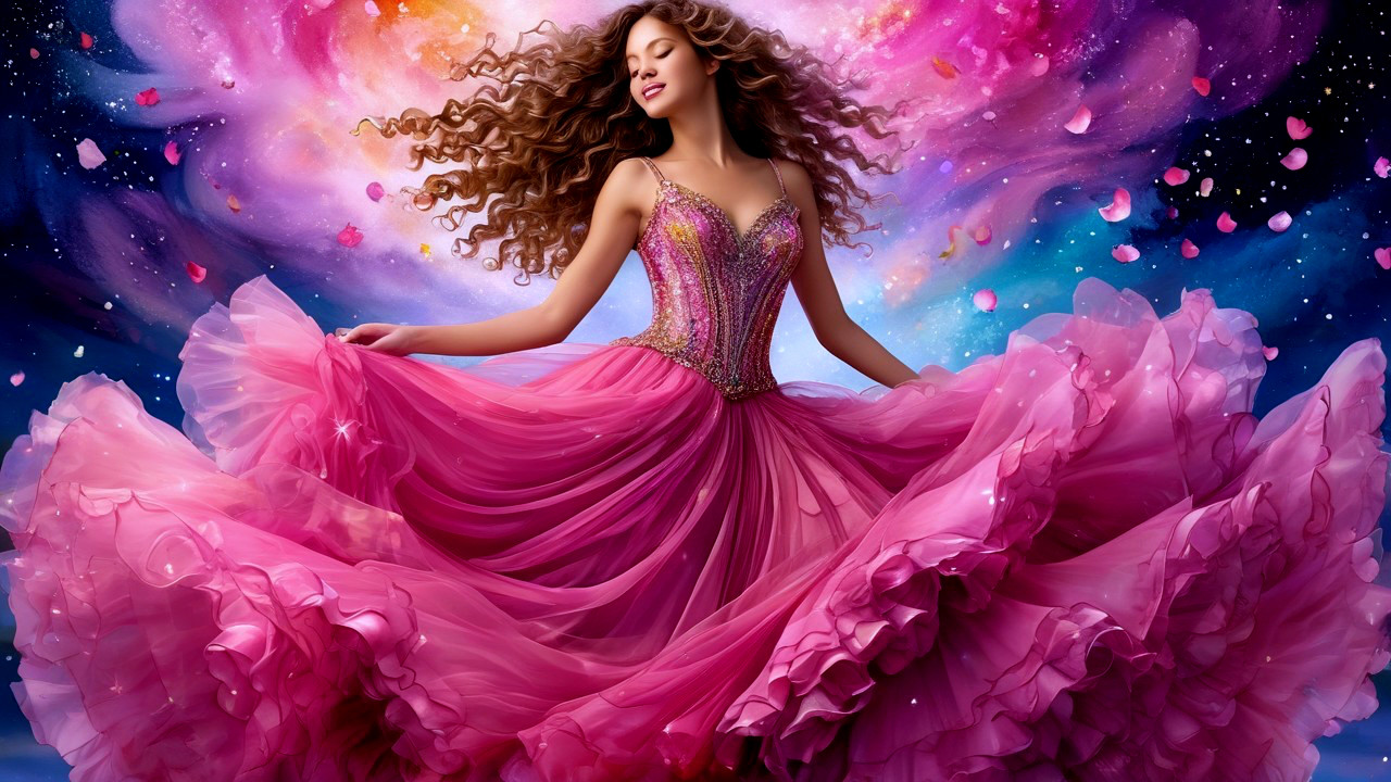 Young woman in pink dress dances in cosmic setting
