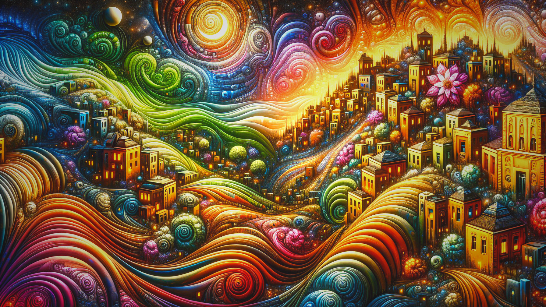 Vibrant Abstract Cityscape with Whimsical Elements