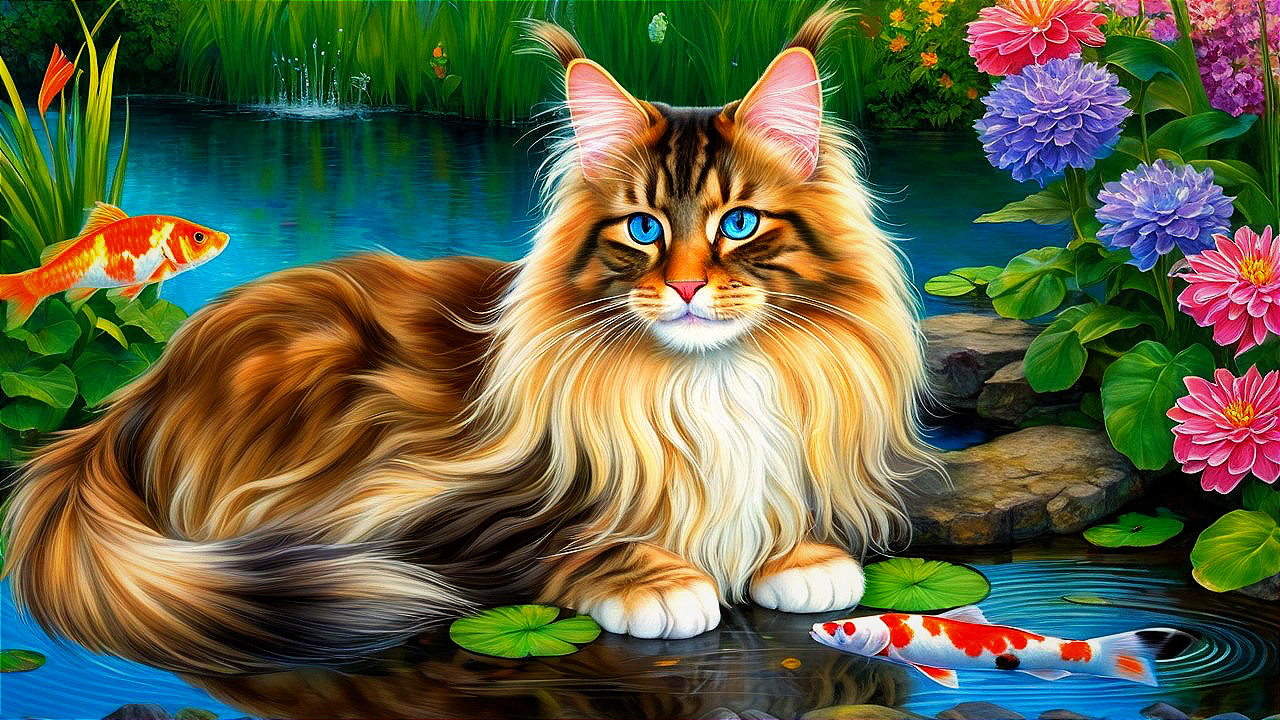 Maine Coon Cat by Tranquil Pond with Colorful Fish