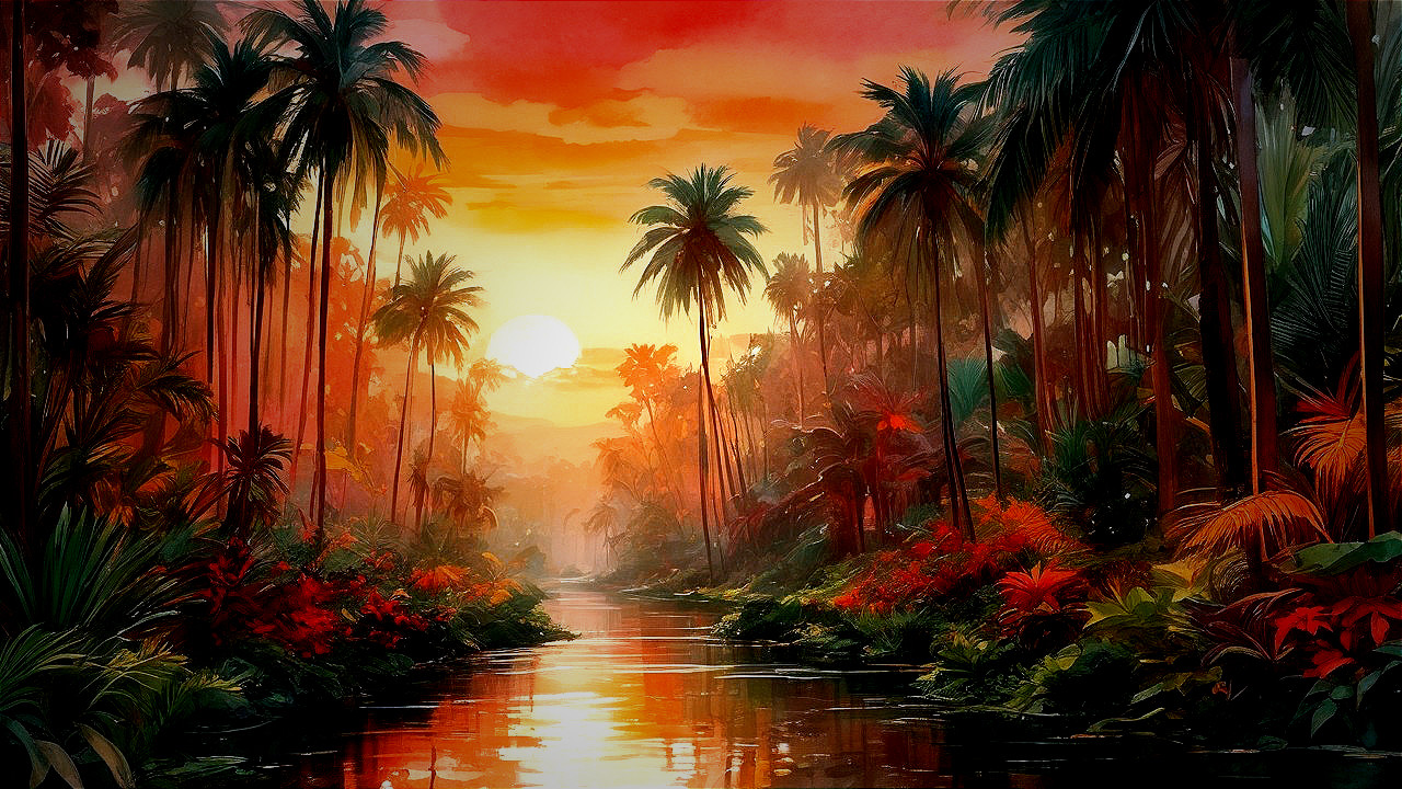 Tropical Jungle Landscape at Sunset with River Reflection