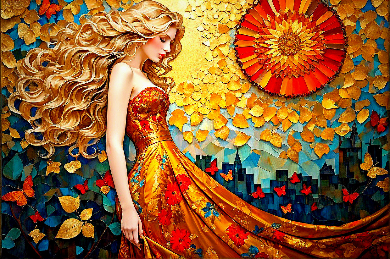 Woman in Gown Surrounded by Autumn Landscape