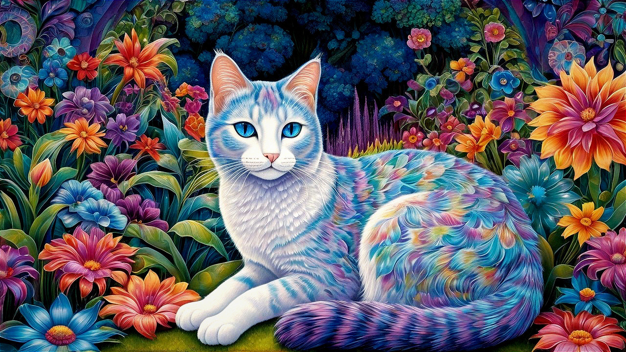 Whimsical Cat in a Colorful Flower Garden