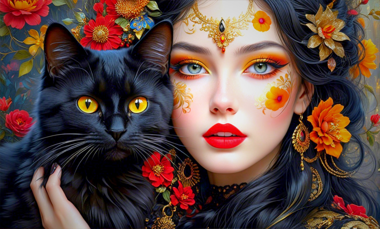 Portrait of a Young Woman with Flowers and Cat