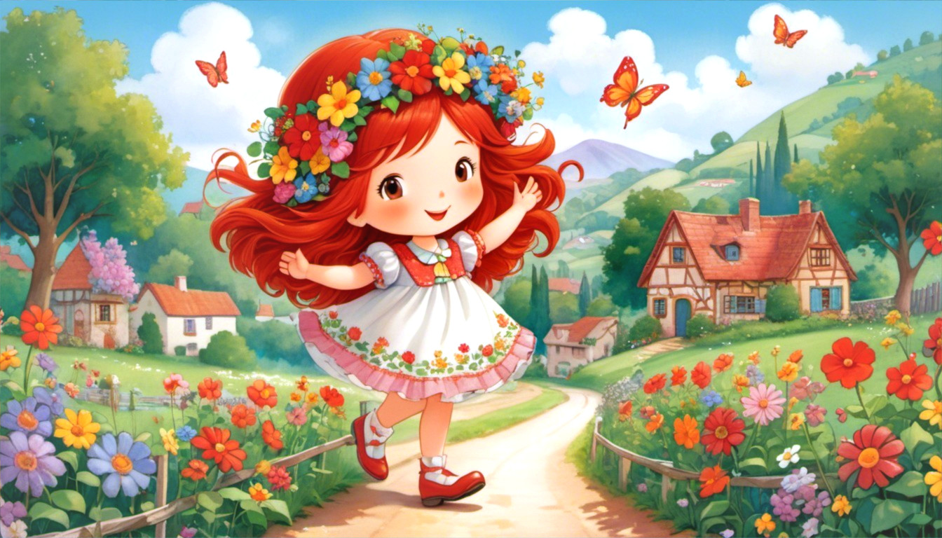 Cartoon girl dancing in a sunny countryside scene
