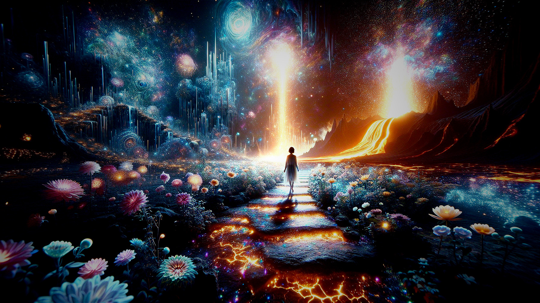 Cosmic Landscape with Flowers and Glowing Pathways
