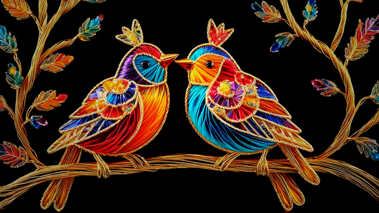 Vibrant Birds on Branch with Colorful Leaves and Flowers