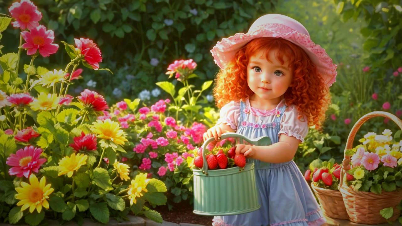 Young girl in garden with strawberries and flowers