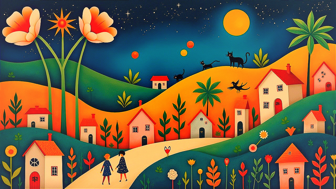 Whimsical Landscape with Girls and Colorful Houses