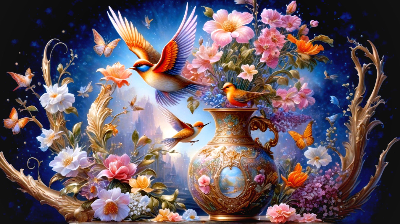 Vibrant floral scene with butterflies and birds