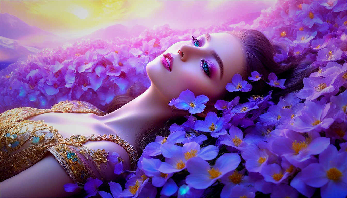 Serene figure in vibrant purple flower field at sunset