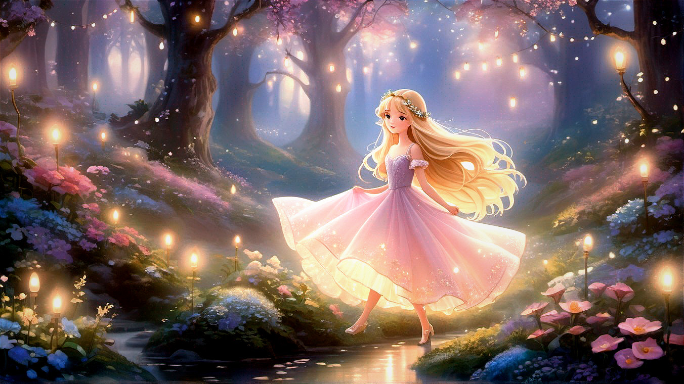 Magical Forest Scene with Dancing Girl in Pink Gown
