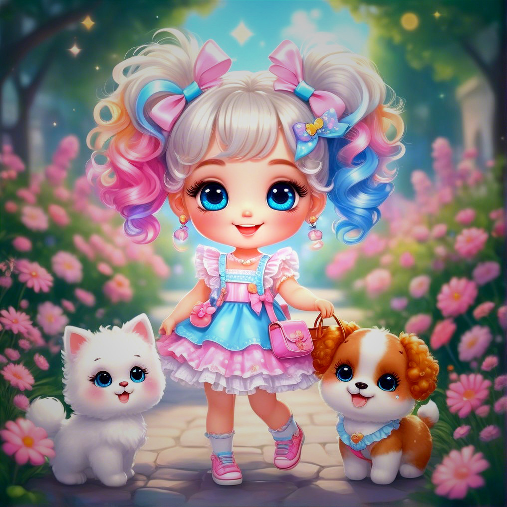 Animated girl in flower garden with playful dogs
